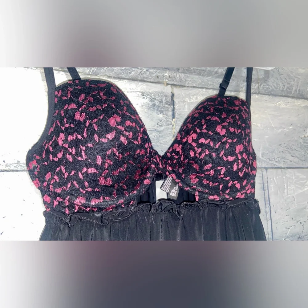 La Senza Babydoll Lingerie Dress Black/Pink Medium Ruffled Hem - Picture 3 of 7
